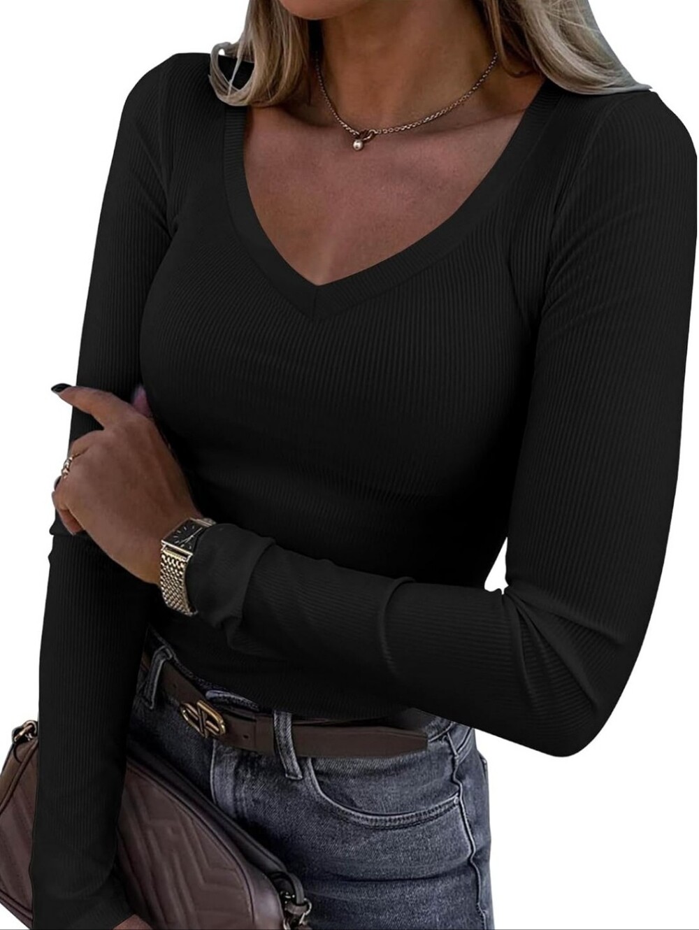 Black V-Neck Long Sleeve Ribbed Knit Women's Top